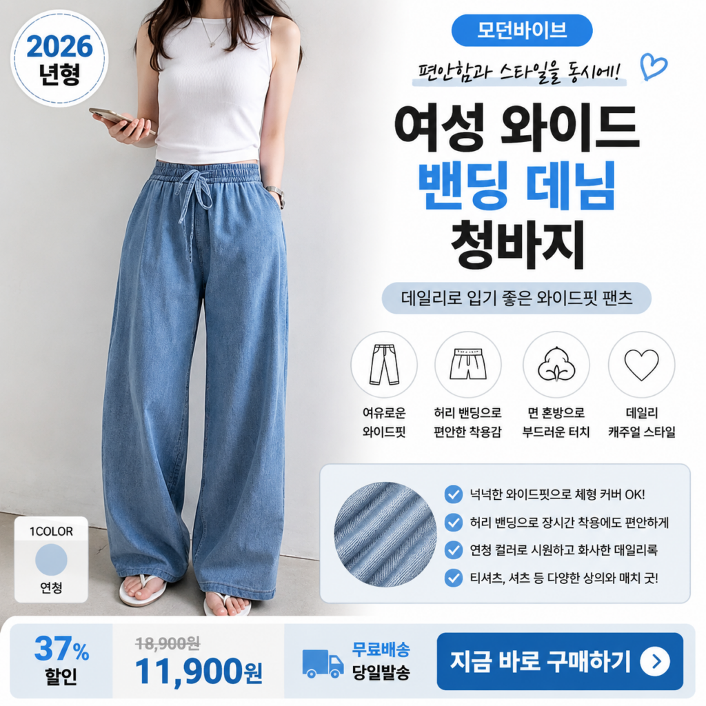여성 청바지 추천 모던바이브 와이드 청바지 데님 밴딩 팬츠 스트링 와이드핏 청바지는 입고 싶은데 허리 조이는 건 싫은 날 편하게 입는 데일리 바지 제품 이미지