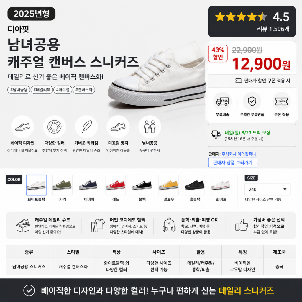 디아핏 남녀공용 캐주얼 캔버스 스니커즈 여행 오래 걸어도 편해 데일리로 신기 좋은 단화 제품 이미지