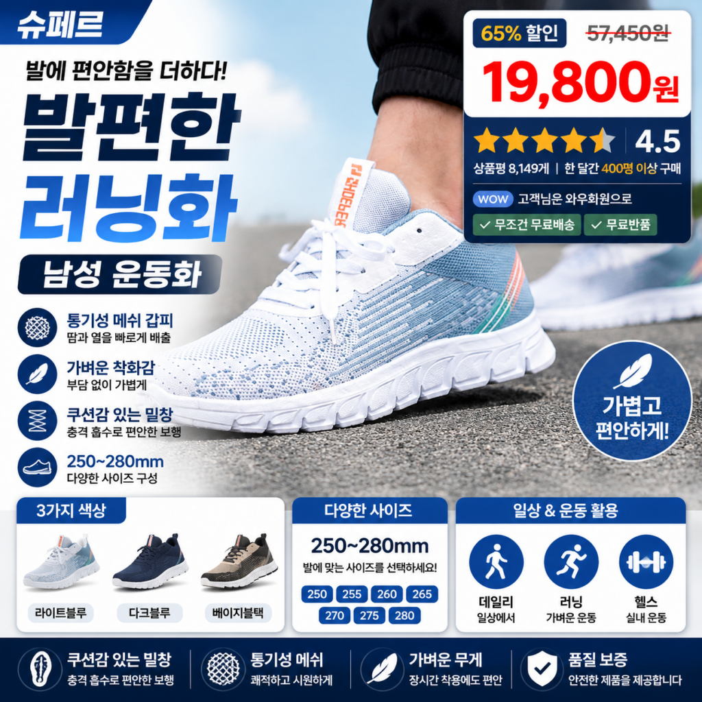 슈페르 발편한 남성 런닝화 쿠션 깔창과 아웃솔로 편하게 신기 좋은 사계절 키높이 운동화 제품 이미지
