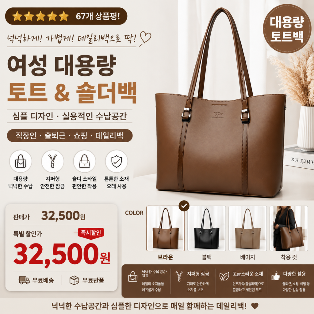 여성 가방 대용량 토트백 숄더백 직장인 핸드백 쇼핑몰 브랜드 20대 30대 40대 나일론 가죽 캔버스 미니 라지 뜻 비교 추천 제품 이미지