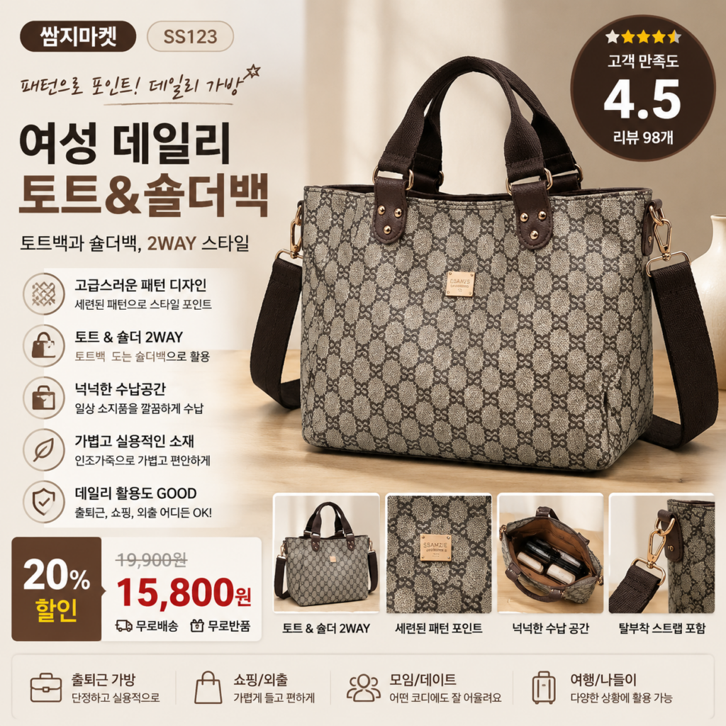 쌈지마켓 여성숄더백 SS123 20대 30대 40대 미니 쇼핑몰 명품 노트북 브랜드 뜻 비교 추천 제품 이미지