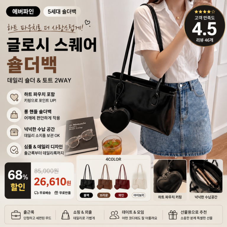 에버파인 5세대 숄더백 글로시 스퀘어 가방 하트파우치 여성 핸드백 보부상 심플 출근룩 하트파우치 키링 볼링백 롱핸들 20대 30대 40대 쇼핑몰 명품 노트북 브랜드 뜻 비교 추천