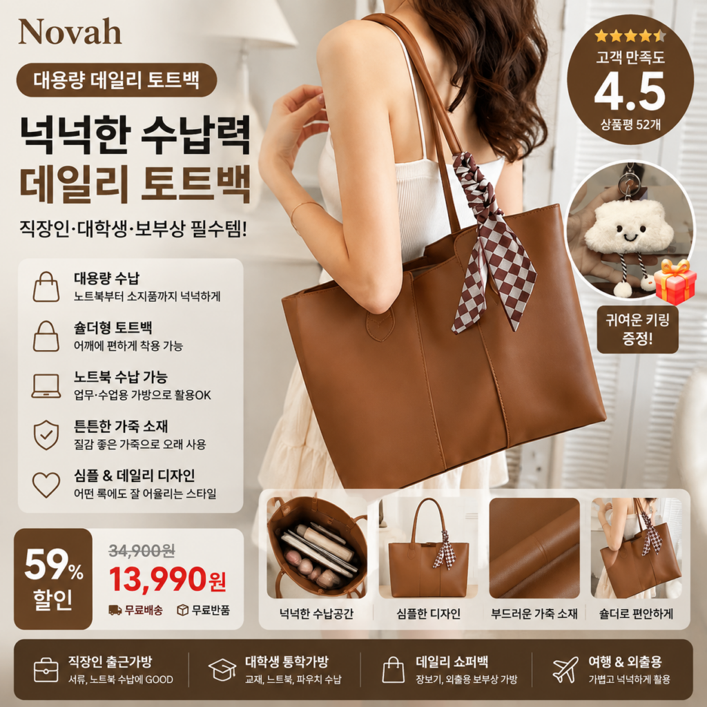 Novah 여성 대용량 가죽 토트백 숄더백 보부상 데일리 직장인 대학생 노트북 쇼퍼백 쇼핑몰 브랜드 나일론 캔버스 미니 라지 뜻 비교 추천 제품 이미지