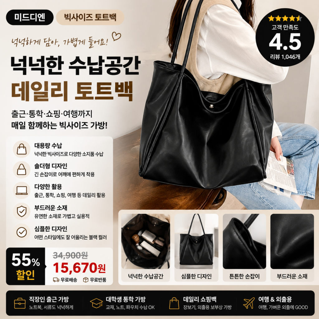 미드디엔 여성 빅사이즈 토트백 쇼핑몰 브랜드 나일론 가죽 캔버스 미니 라지 뜻 비교 추천 제품 이미지