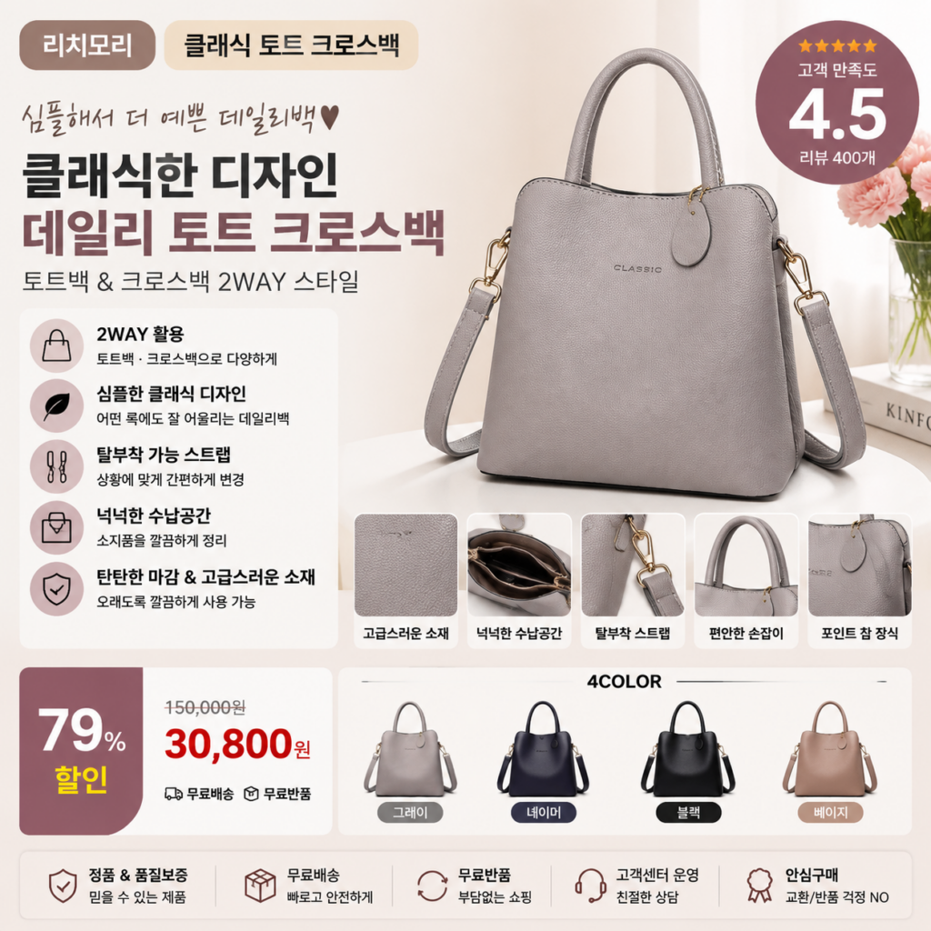 리치모리 클래식 토트 크로스백 30대 40대 쇼핑몰 브랜드 미니 나일론 데일리 가죽 캔버스 라지 뜻 여행용 비교 추천 제품 이미지