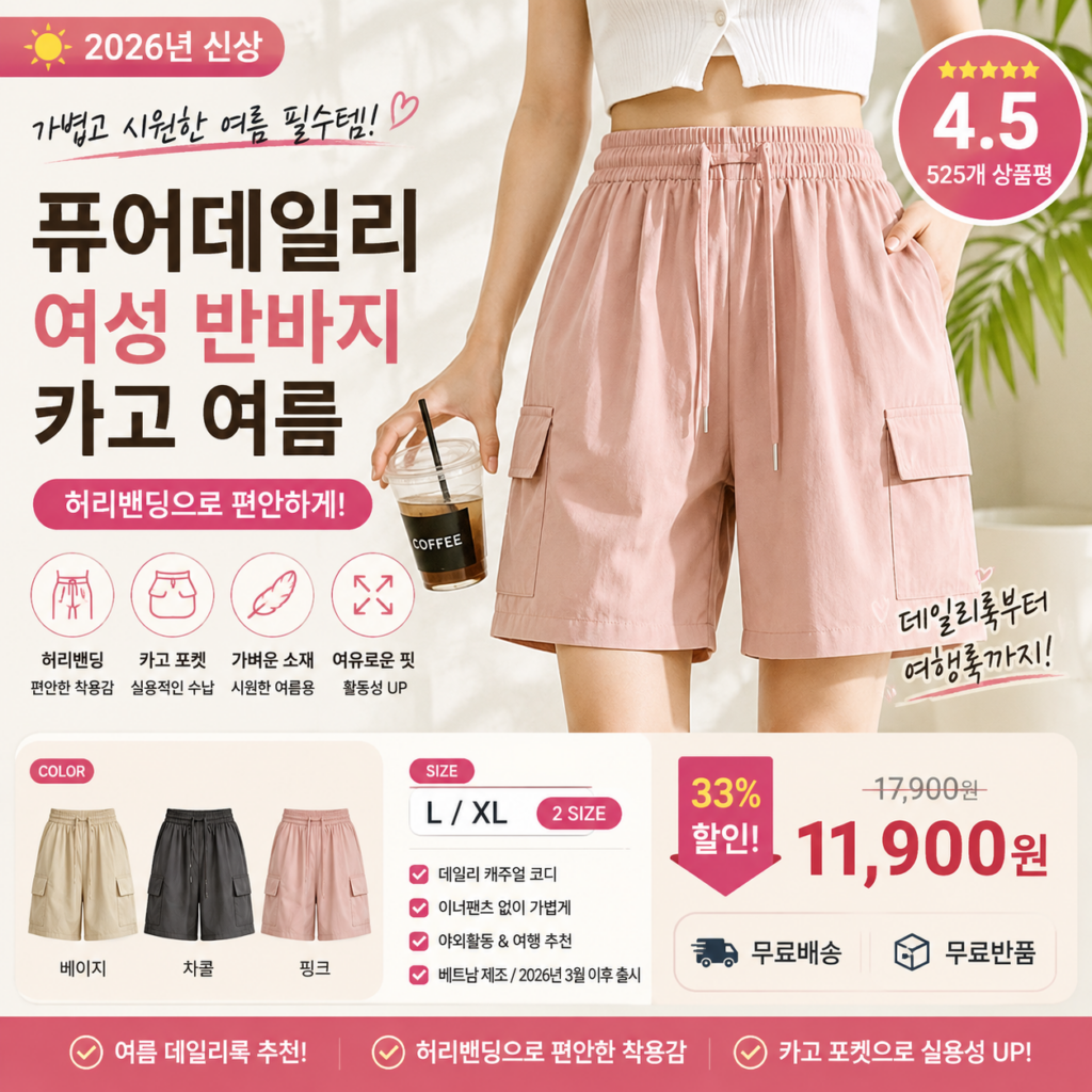 퓨어데일리 여성 반바지 카고 여름 허리밴딩 편한 데일리룩 캐주얼 팬츠 휴가 레깅스 골프 5부 셋업 잠옷 패션 여행 코디 비교 추천 제품 이미지