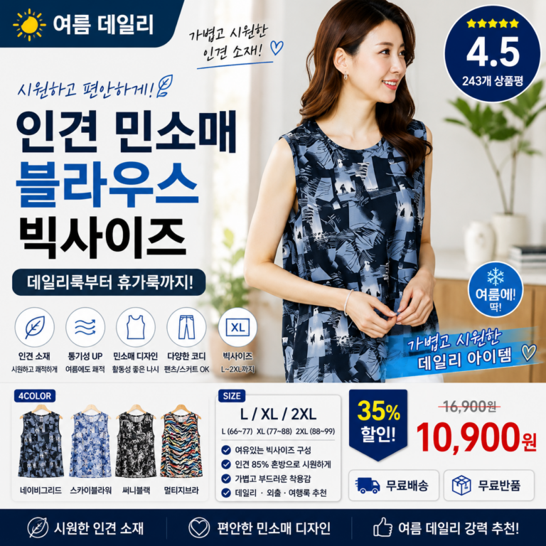 여성 여름 인견 민소매 나시 블라우스 빅사이즈 시원한 데일리룩 편한 패턴 상의 휴가 여행 잠옷 코디 종류 비교 추천