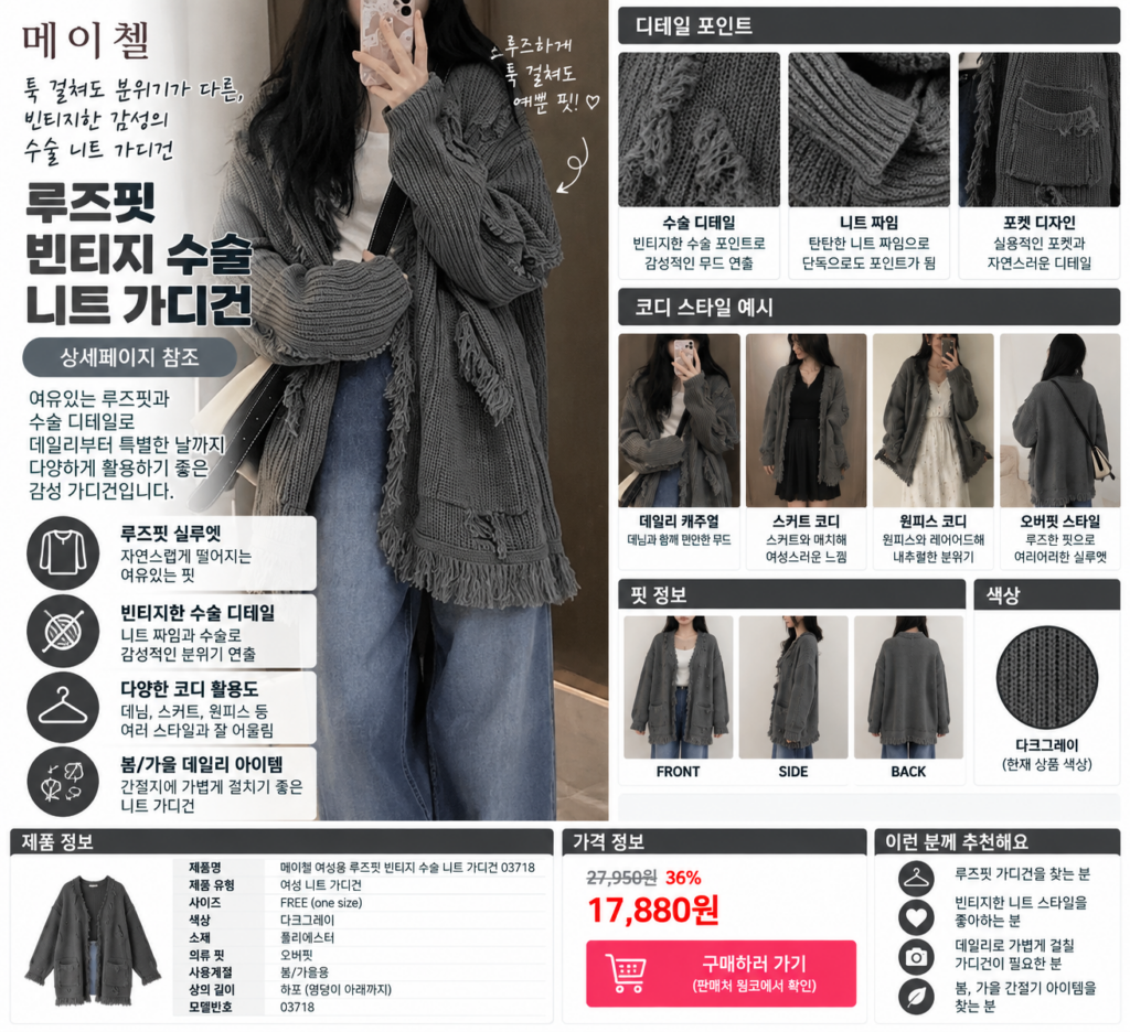 올드패션드 가디건 사이즈, 예쁜 핏은 결국 한 끗 차이에서 갈릴까? 제품 이미지