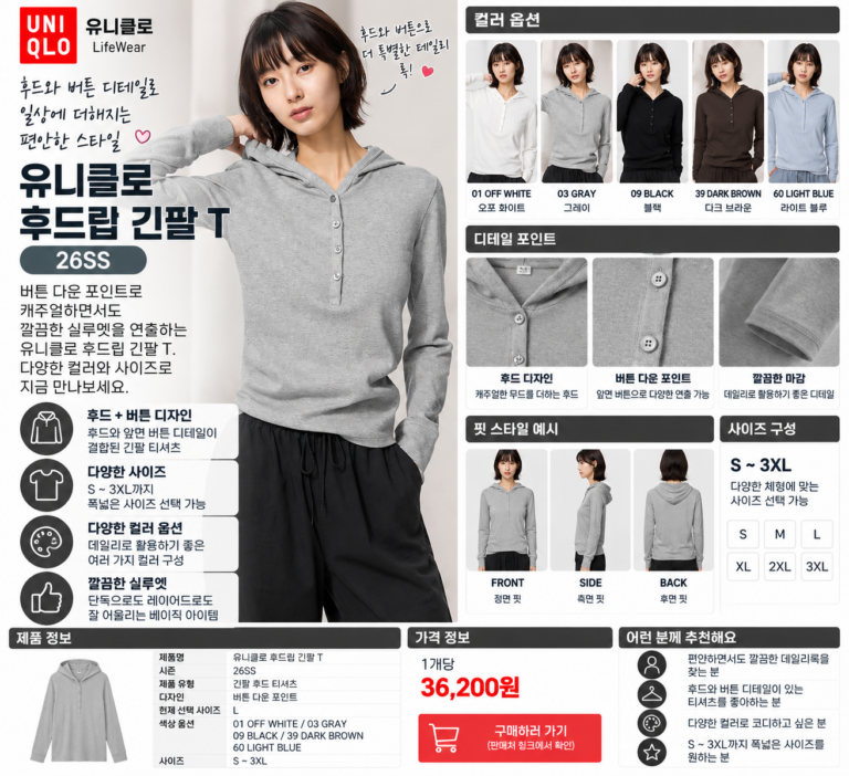 유니클로 후드립T 긴팔 사이즈 S~3XL, 내 체형엔 어떤 핏이 예쁠까?