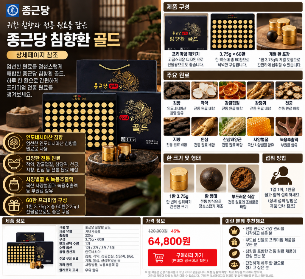 종근당 침향환 골드 60환 가격 프리미엄 효능 성분 차이는? 제품 이미지