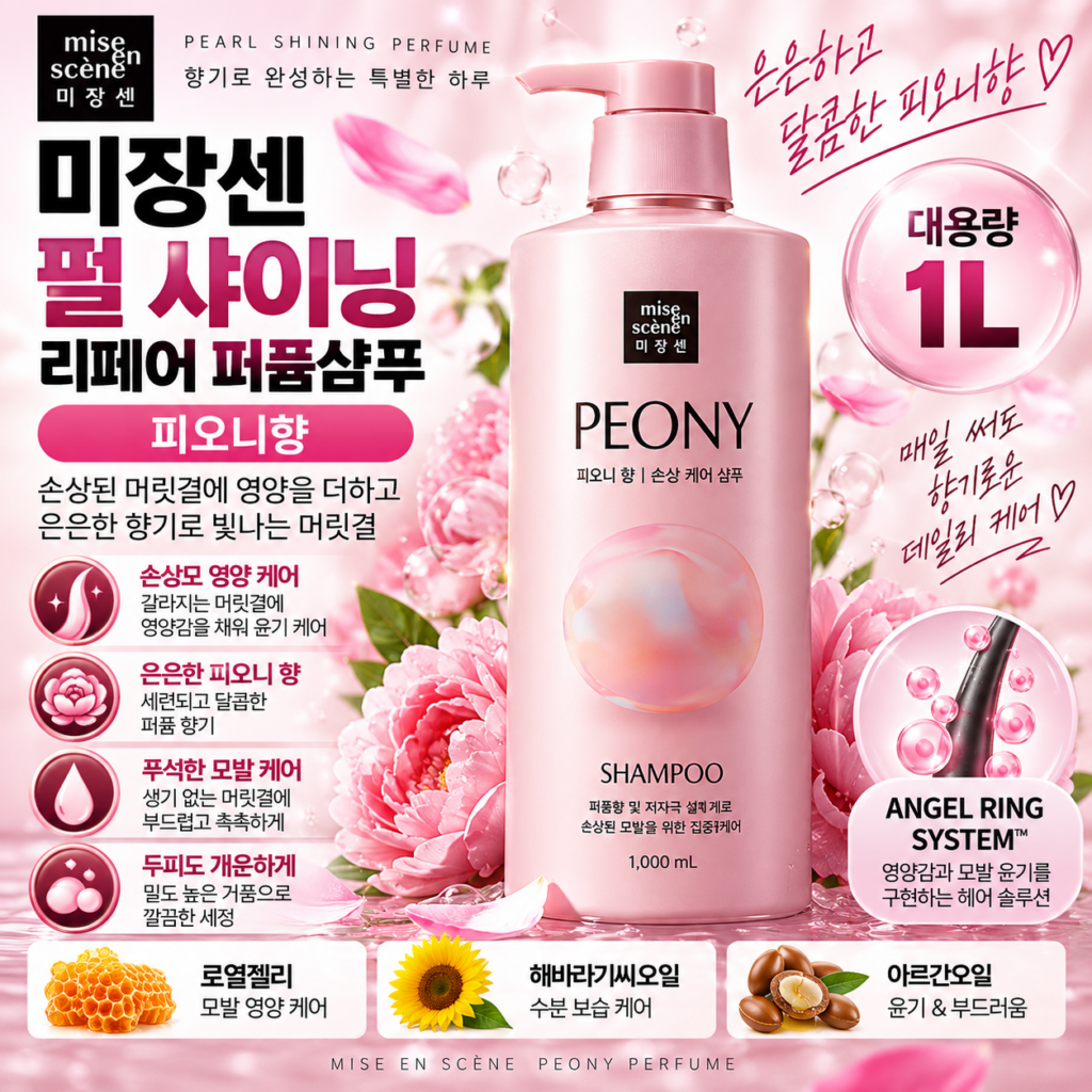 미쟝센 펄 샤이닝 리페어 퍼퓸 피오니향 1L 푸석하고 엉키는 손상모를 부드럽고 윤기 있게 관리하며 은은한 꽃향이 오래 남아 데일리로 쓰기 좋은 대용량 샴푸 제품 이미지