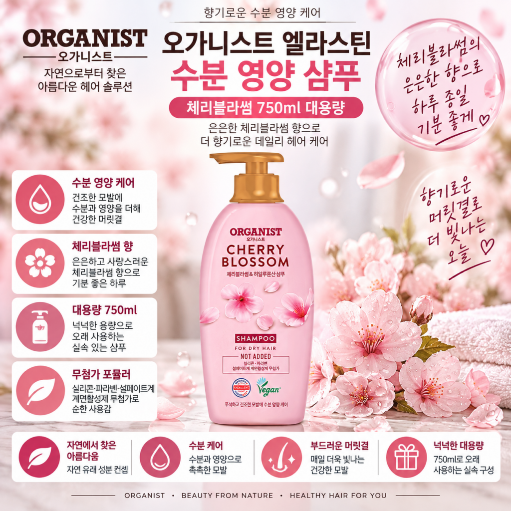 비건 오가니스트 엘라스틴 수분 영양 샴푸 체리블라썸 750ml 1개 추천, 머릿결이 푸석하고 샴푸 후 뻣뻣해지는 게 신경 쓰일 때 제품 이미지