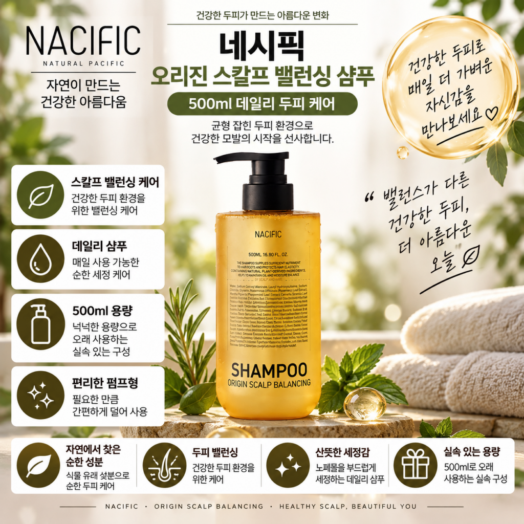 네시픽 샴푸 오리진 스칼프 밸런싱 500ml 1개, 두피 각질과 머릿결 엉킴이 함께 신경 쓰여 데일리 두피 샴푸 찾을 때 제품 이미지