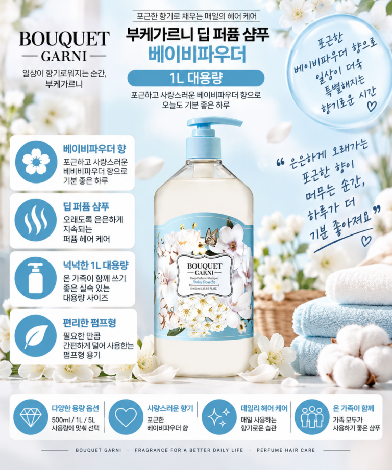 부케가르니 딥 퍼퓸 샴푸 베이비파우더 1L 1개, 후기에서 본 포근한 향과 머리 말린 뒤 은은하게 남는 잔향