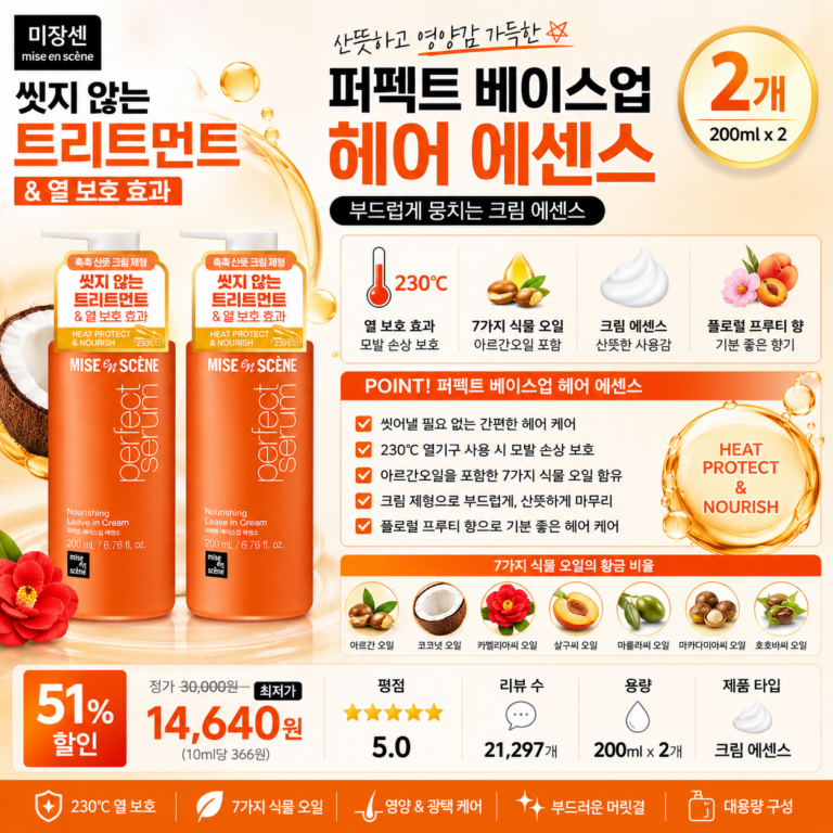 “극손상모 노워시 트리트먼트 추천” 미쟝센 퍼펙트 베이스업 헤어 에센스 200ml 2개 230℃ 열손상을 보호하고 7가지 식물오일로 푸석한 며릿결을 부드럽고 윤기 있게 가꿔주는 데일리 케어