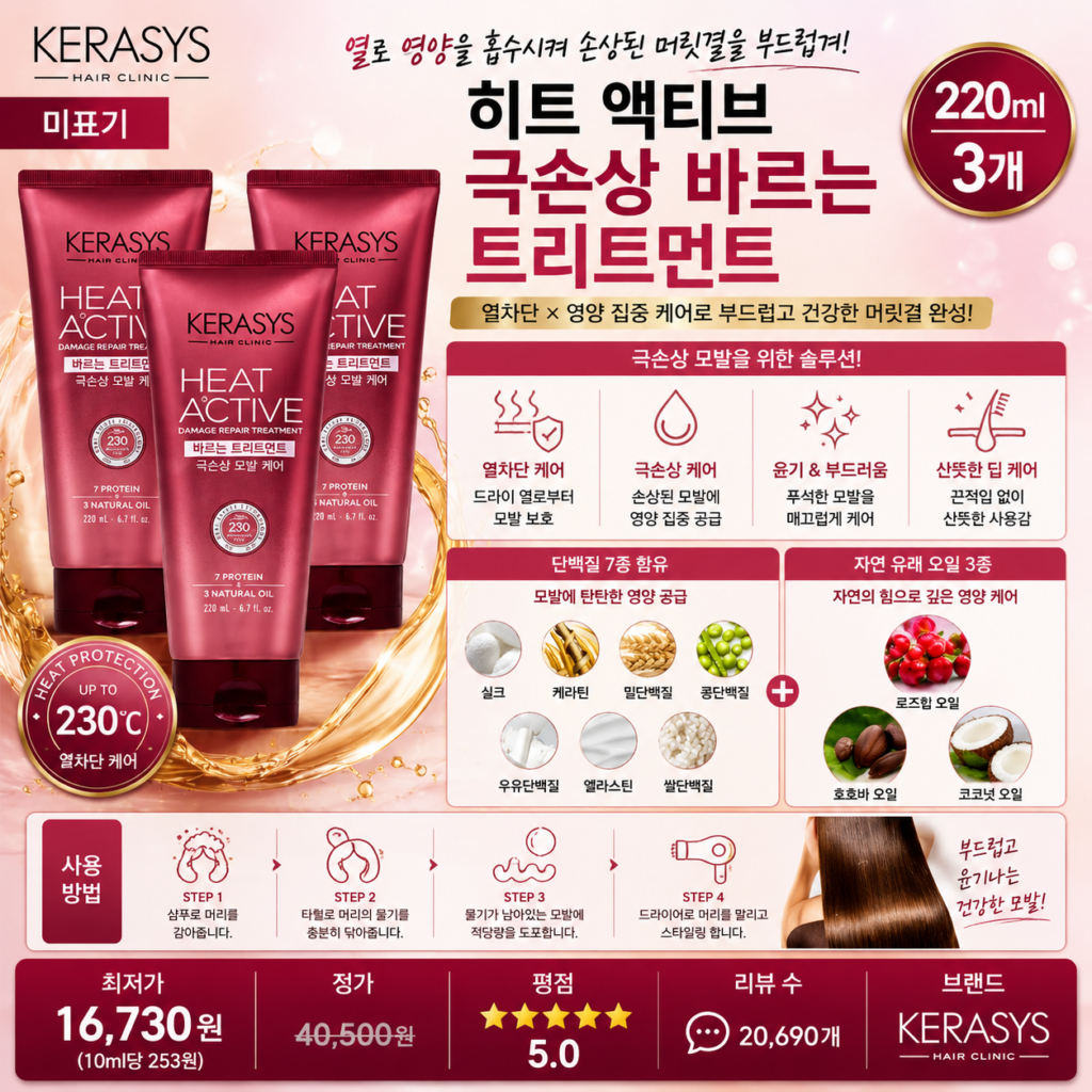 “극손상모 추천” 케라시스 히트 액티브 극손상 바르는 트리트먼트 220ml 3개 드라이 전 바르는 에센스로 열손상 머릿결에 단백질 7종과 자연유래 오일 3종의 영양을 채워 부드럽게 케어 제품 이미지