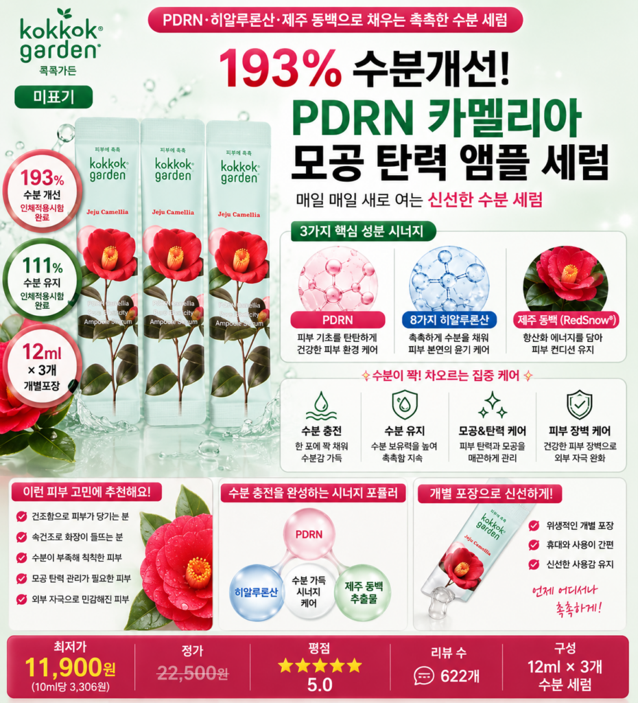 콕콕가든 193% 수분개선 PDRN 카멜리아 모공 탄력 앰플 세럼, 3개, 12ml PDRN 히알루론산 제주 동백 수분 보습 세럼 뜻 각질 오일 비교 추천 제품 이미지