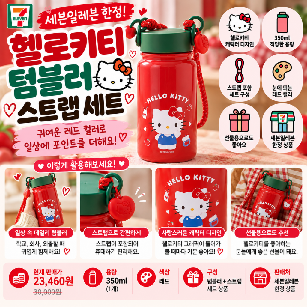 세븐일레븐 헬로키티 텀블러 스트랩 세트, 레드 350ml 귀여운 조합으로 만나봐요 제품 이미지