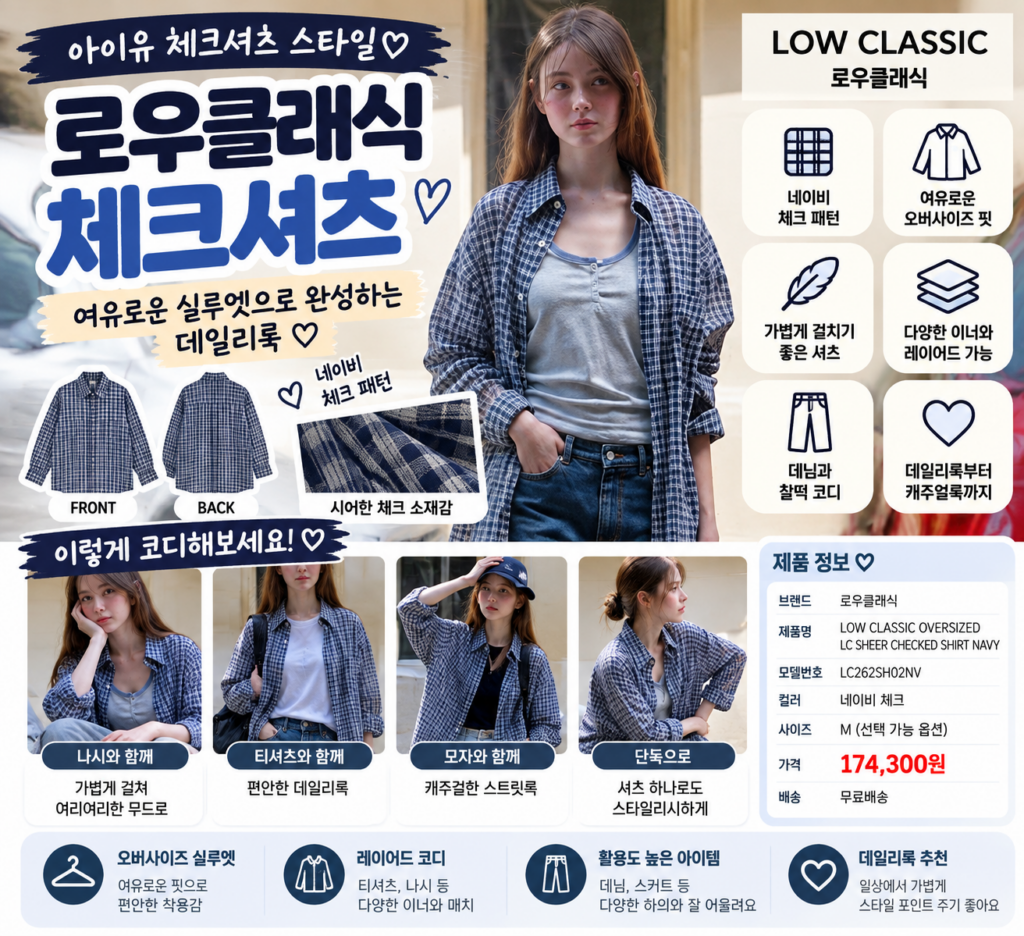 아이유 체크셔츠 따라 입고 싶다면 눈에 들어오는 로우클래식 스타일 제품 이미지