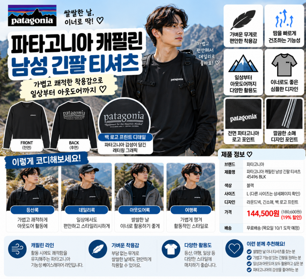 파타고니아 캐필린 긴팔 미드웨이트 쌀쌀한 날 이너로 챙겨 입기 좋은 선택 제품 이미지