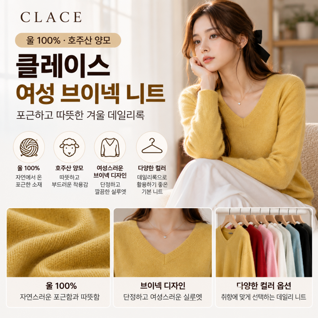 클레이스 울100 캐시미어 호주산 양모 여성 브이넥 니트 포근하게 입기 좋은 겨울 데일리룩 제품 이미지
