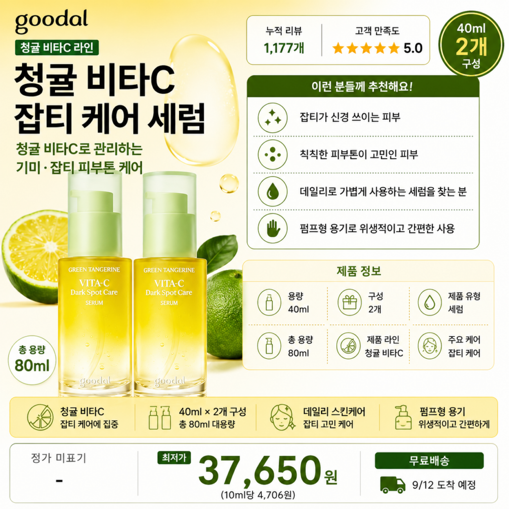 구달 청귤 비타C 잡티 케어 세럼 40ml 2개 비타민C 피부톤 기미 잡티 스킨케어 여성 브랜드 성분 크림 차이 후기 비교 추천 제품 이미지