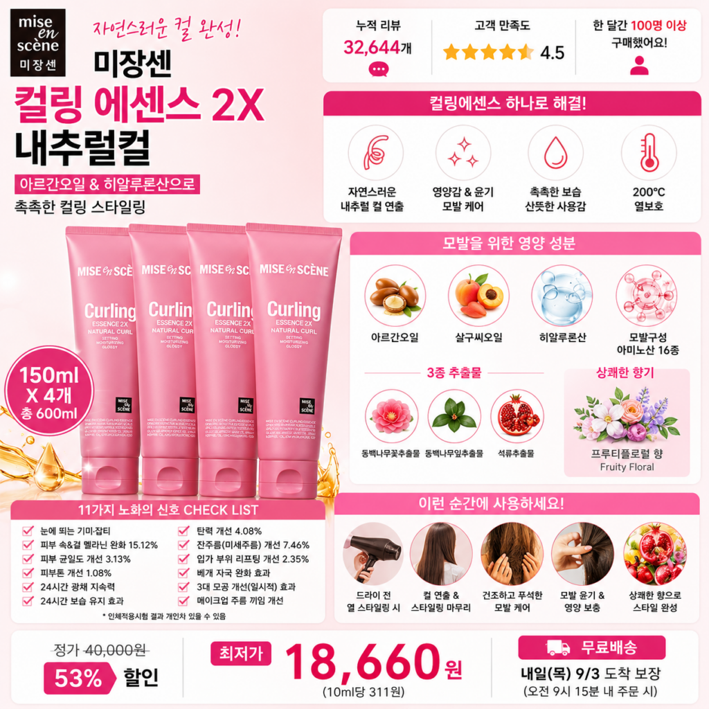 “파마 컬크림 추천” 미쟝센 컬링 에센스 2X 헤어스타일링 내추럴컬 150ml 4개 가늘고 푸석한 모발에 영양과 윤기를 더하고 200℃ 열보호로 자연스러운 웨이브를 살려주는 헤어컬링에센스 제품 이미지