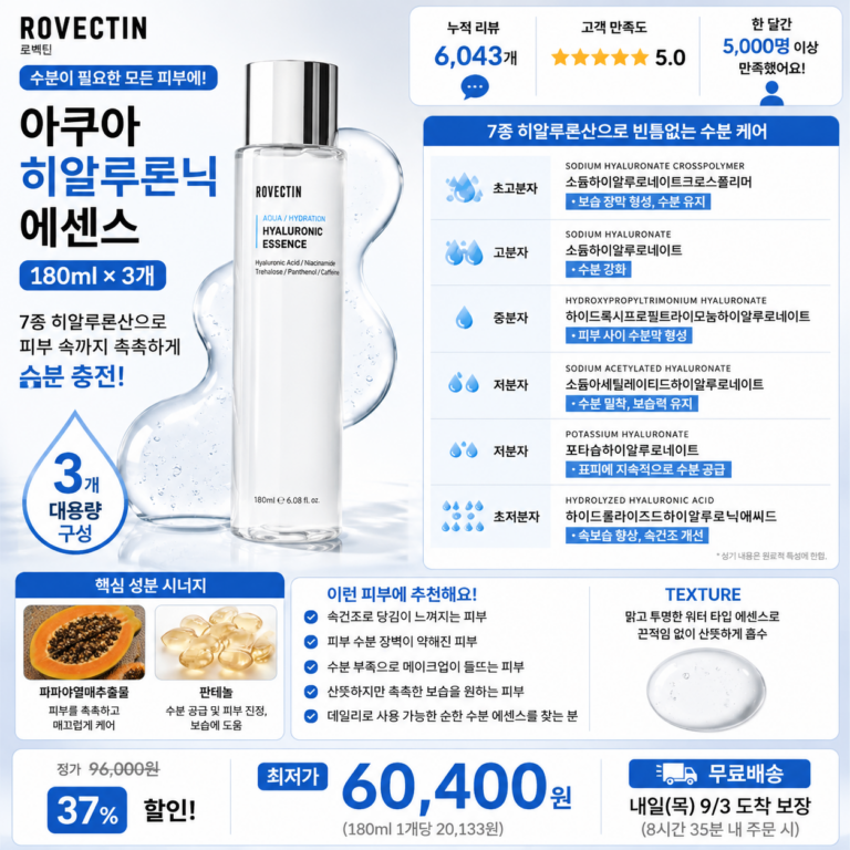 “건성 수분에센스 추천” 로벡틴 아쿠아 히알루로닉 에센스 180ml 3개 7종 히알루론산으로 각질부터 속보습까지 촘촘하게 채워 수분을 잠가주는 민감피부 보습케어