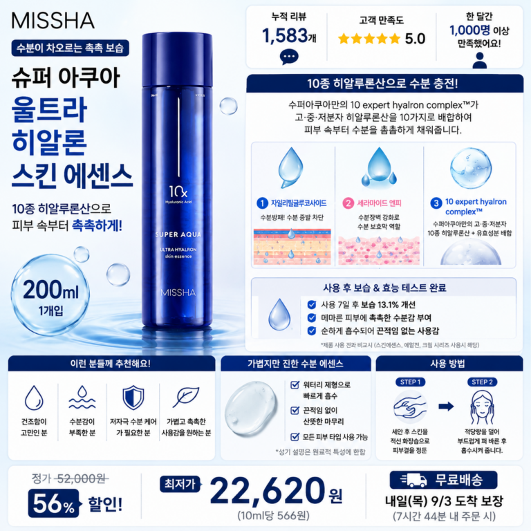 “수분케어 추천” 미샤 수퍼 아쿠아 울트라 히알론 스킨 에센스 200ml 2개 10가지 히알루론산과 아쿠아 인핸서 공법으로 끈적임 없이 건조한 피부를 촉촉하게 채우는 저자극 보습케어