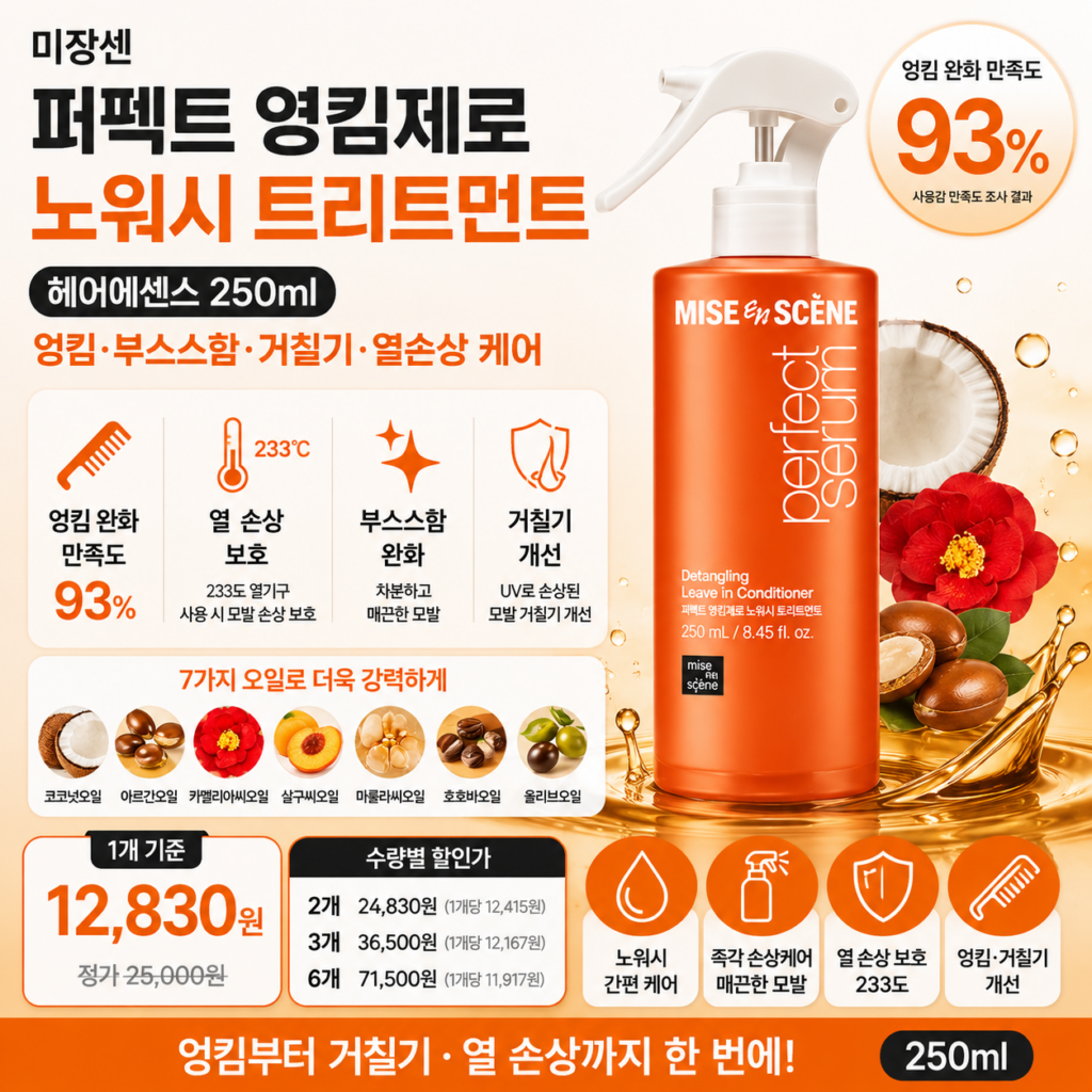 “노워시 트리트먼트 추천” 미쟝센 퍼펙트 영지제로 헤어에센스 250ml 모로코산 아르간오일 7가지 식물오일로 열손상 손상모부터 모발 엉킴까지 케어해 매끈하고 찰랑이는 머릿결 제품 이미지