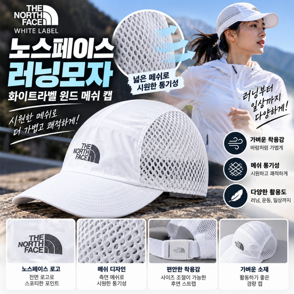 노스페이스 러닝모자 메쉬 화이트 뛰어보니 옆바람이 들어오는 게 느껴진다고? 제품 이미지